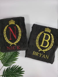 Thumbnail for Personalized Bath Towel - Embroidered Monogrammed Towel with King Crown - Custom Embroidered Gift for Men- Embroidered Towel - Black Towel