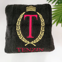 Thumbnail for Personalized Bath Towel - Embroidered Monogrammed Towel with King Crown - Custom Embroidered Gift for Men- Embroidered Towel - Black Towel