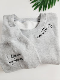 Thumbnail for Worthy Embroidered Sweatshirt For Women - Neckline Embroidered Sleeve - Gift for Her - Christian Sweatshirt - Trendy Sweatshirt