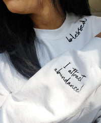 Thumbnail for Blessed Embroidered Sweatshirt For Women - Neckline Embroidered Sleeve - Affirmation Shirt - Christian Sweatshirt - Trendy Sweatshirt
